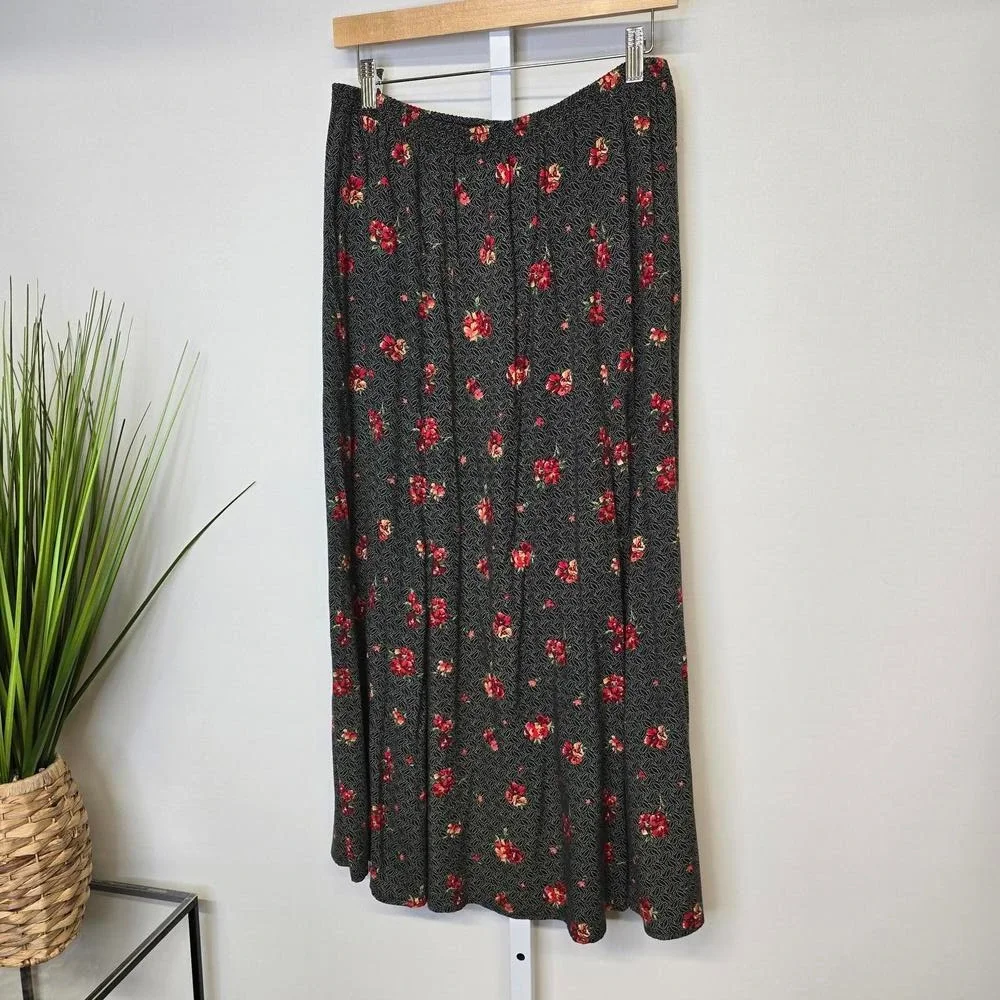 Liz Baker Essentials Womens Large Black‎ Red Floral Rayon Maxi Skirt Elastic